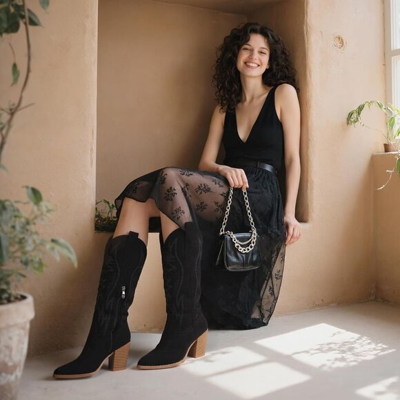 Women's Black Suede Wide Calf Cowgirl Western Embroidery Chunky High Heel Boots - Picture 6 of 6